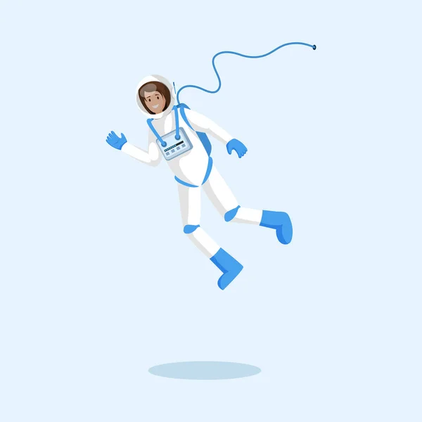 Cosmonauta en traje espacial ilustración vectorial flotante. Astronauta femenina, exploradora volando en el espacio, nave espacial de gravedad cero personaje vector de dibujos animados. Misión espacial, exploración universalipart — Archivo Imágenes Vectoriales