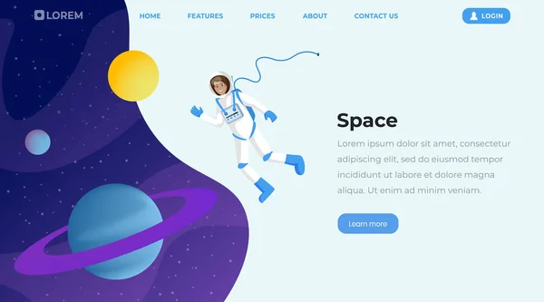 우주 탐사 평면 방문 페이지 템플릿입니다. 우주 공간에서 여성 우주 비행사, 우주제로 중력 벡터 문자에 떠있는 우주 비행사. 성간 여행, 모험, 여행 창조적 인 — 스톡 벡터