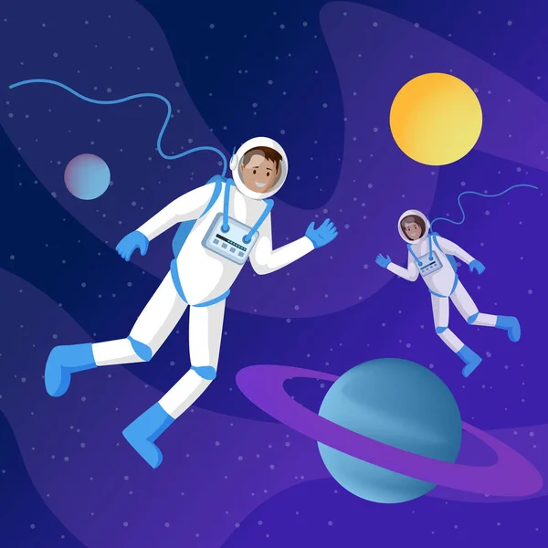 우주 에서 우주 비행사 평면 그림입니다. 우주에 떠있는 우주복의 두 우주 비행사 제로 중력 만화 벡터 캐릭터. 성간 여행, 모험, 우주 탐사 — 스톡 벡터