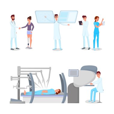 Tıp vektör çizimleri yenilikler ayarlayın. Modern hastane personeli, doktorlar ve hasta karakterleri. Yüksek teknoloji sağlık, tıbbi klinik modernizasyonu, teknoloji ile çalışan hekimler