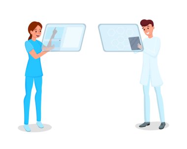 Tablet vektör illüstrasyon ile Tıbbi personel. Fütüristik gadget'lar karakterleri ile genç hemşire ve doktor. Tıpta yenilikçi teknolojiler, interaktif ekranlarla çalışan doktorlar