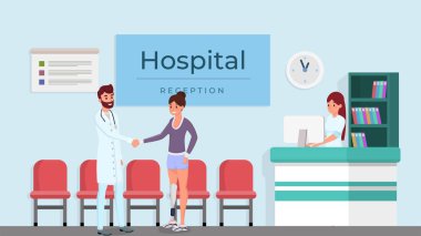 Modern klinik resepsiyon düz vektör illüstrasyon. Gülümseyen doktor, protezli ve resepsiyonist karakterleri olan kadın. Hastane ziyareti, mutlu hekim ve hasta tokalaşması resepsiyonda