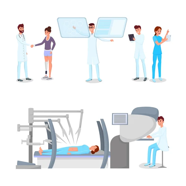 Innovaciones en el conjunto de ilustraciones vectoriales de medicina. Personal hospitalario moderno, médicos y personajes de pacientes. Salud de alta tecnología, modernización de clínicas médicas, médicos que trabajan con tecnología — Archivo Imágenes Vectoriales