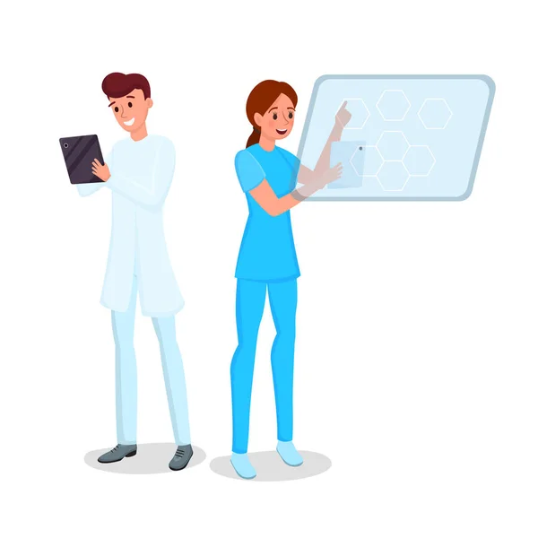 Medicine computerization flat vector illustration. Smiling young doctor and nurse with tablets characters. Smart medics working with portable devices, hospital staff with modern gadgets — Stock Vector