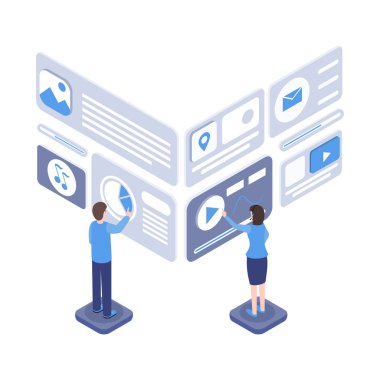Yazılım test vektör isometrik illüstrasyon. Programcılar mobil uygulama arayüzü oluşturma, geliştiriciler, analistler 3d çizgi film karakterleri coworking. Seo, dijital pazarlama izole clipart