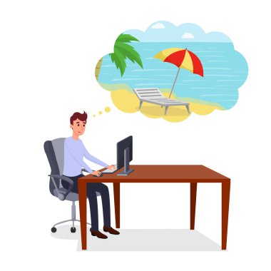 Tatil düz vektör illüstrasyon hakkında düşünme. Gülümseyen mutlu girişimci, ofis çalışanı, yönetici, beyaz üzerinde işyerinde çizgi film karakteri programcı. Genç adam yaz tatili hayalleri iş başında