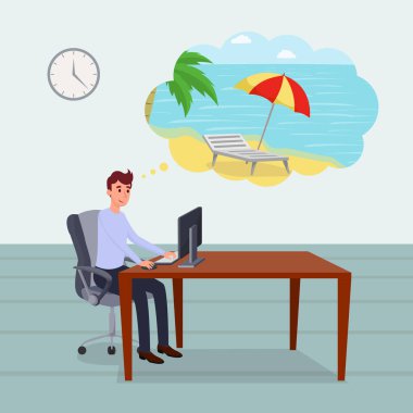 Tatil düz vektör illüstrasyon hakkında düşünme. Rahat ofis çalışanı, proje yöneticisi, programcı, patron çizgi film karakteri tatil hakkında hayal. Orta yaşlı, yetişkin adam masada oturuyor