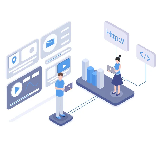 Yazılım kodlama ve test isometrik illüstrasyon. Seo, dijital pazarlama araştırması, analitik, mobil uygulama geliştirme. Geliştirici programlama web sitesi, pazarlamacı diyagramı 3d karakter analiz