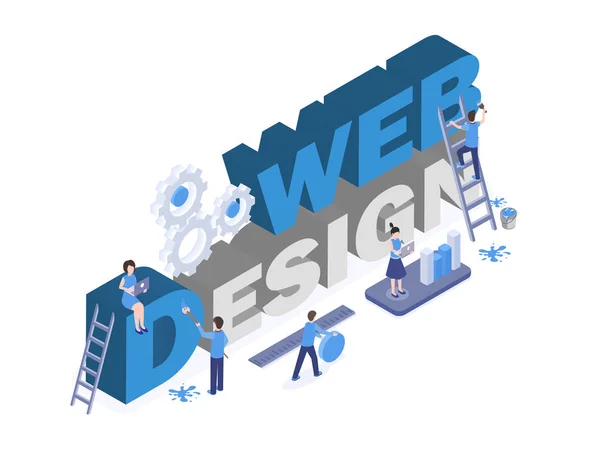 Plantilla de diseño web banner vector. Los trabajadores de estudio de diseño gráfico y digital de trabajo en equipo, la búsqueda de soluciones creativas personajes 3d. Desarrollo de interfaz de aplicación móvil, ilustración de análisis de mercado — Archivo Imágenes Vectoriales