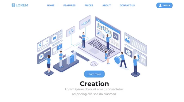 Software creation landing page isometric template. App programming and coding, website development and optimization studio team working web banner layout. Programmers and developers 3d characters — Stock Vector
