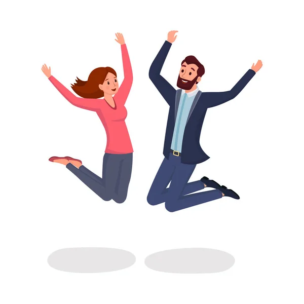 Прыгающие коллеги плоская векторная иллюстрация. Два друга, мужчина и женщина, выплескивают в восторге и радости героев мультфильма. Веселая молодежь, прыгать смеясь с поднятыми руками на белом фоне — стоковый вектор