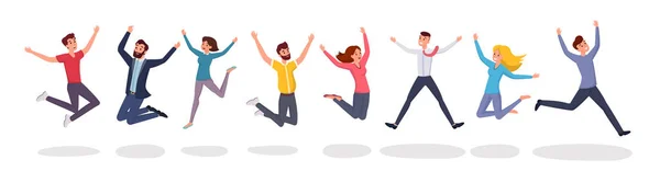 Happy jumping people illustration plate. Photo de saut de groupe, les étudiants, les amis célèbrent les personnages de dessins animés gagnants. Victoire et travail d'équipe, fête isolée sur fond blanc — Image vectorielle