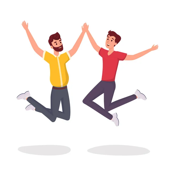 Два студента прыгают с плоской векторной иллюстрацией. Возбужденные, улыбающиеся молодые люди, офисные работники, коллеги, братья, герои мультфильмов для геев. Друзья празднуют успех — стоковый вектор