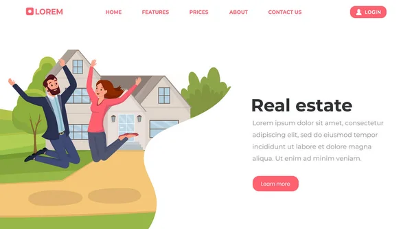 Real estate flat landing page template. Young people, husband and wife moving to house website, webpage vector layout. Cheerful family couple cartoon characters jumping outside new home — Stock Vector