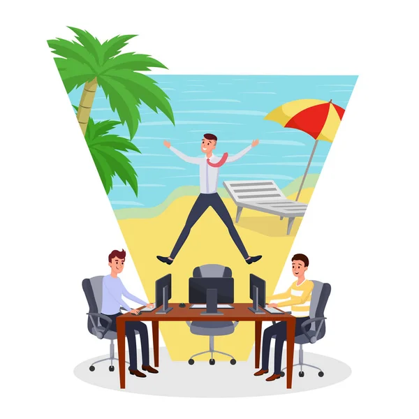 Sognando di vacanza piatta illustrazione vettoriale. Dipendenti che lavorano mentre altri lavoratori in vacanza personaggi. Uomo che lavora e pensa alle vacanze in spiaggia, dirigenti d'ufficio sul posto di lavoro — Vettoriale Stock