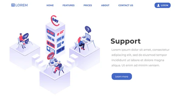 支持中心等轴测着陆页模板。客户服务运营商在帮助热线工作,经理在工作场所,代理团队网站矢量布局。Ui,Ux 开发 3D 插图 — 图库矢量图片