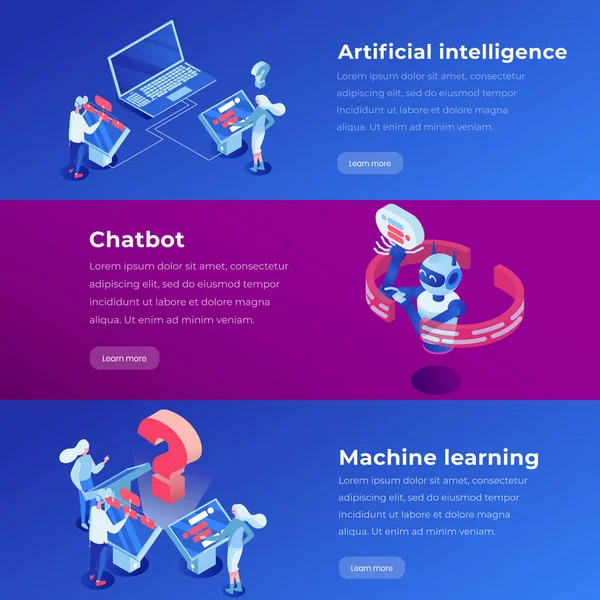 Artificial intelligence isometric landing page template. Machine learning, software application, ai website steps vector layout. Virtual assistant 3d concept illustration — Stock Vector