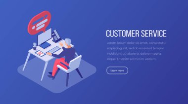 Müşteri hizmetleri isometrik açılış sayfası şablonu. Erkek danışman, yardım hattında çalışan operatör, işyerinde yönetici, çağrı merkezi ofis web sitesi vektör düzeni. Müşteri yardımı 3d illüstrasyon
