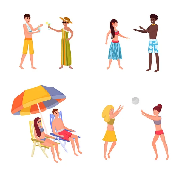 Station estivale pour amis, décor familial. Jouer au volley-ball bronzer sur le rivage avec une petite amie, petit ami boire des cocktails vectoriel illustration plate. Jeunes, personnages heureux bande dessinée personnage isolé — Image vectorielle