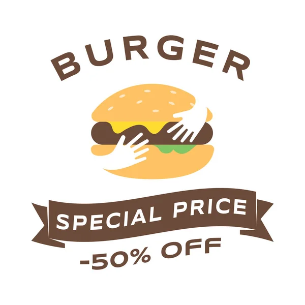 Burger venda modelo de banner de mídia social. Promoção de fast food, serviço takeaway, conceito de cartaz de publicidade bistro. Delicioso sanduíche abraçado por braços negativo espaço vetor ilustração com tipografia — Vetor de Stock