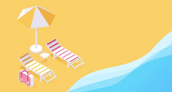 Vacaciones tropicales de verano 3d concepto. Dos tumbonas a orillas del mar, arenas oceánicas en verano ilustración vectorial isométrica. Pasar días de vacaciones calientes en la playa de arena bajo el paraguas — Vector de stock