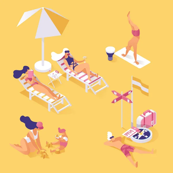 Letní dovolená na břehu na pobřeží izometrické ilustrace. Lidé, kteří si užívají letní prázdniny, relaxuje a oplácí na písečné pláži 3D koncept. Aktivity v horkém dnu, opalování a práce — Stockový vektor