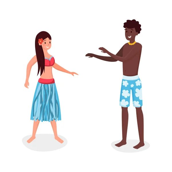 Volkstanz, nationale, traditionelle ethnische Darbietung. Paar spielt herum, tanzt im Sommer an der Küste im Urlaub Cartoon-Figur. erholsamer Tropenurlaub mit Freunden — Stockvektor