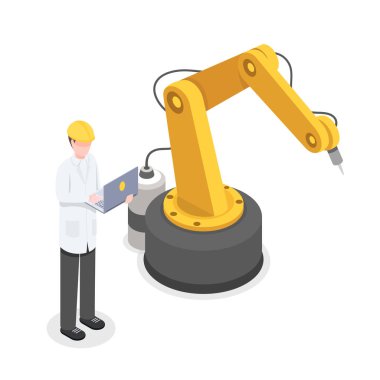 Engineer, programmer controlling robotic arm manually. Robotics, cybernetics scientist working with technology isometric vector illustration. Automated, preprogrammed production technology 3d concept clipart svg vector 