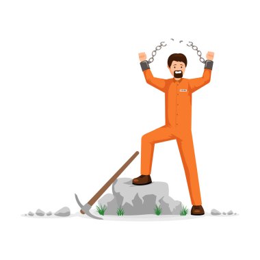 Zincirsiz mahkûm düz vektör illüstrasyonu. Turuncu hapishane üniformalı, ağır işçi, isyan, özgürlüğü ele manfek. Islah emek üzerinde erkek esir zincir parçalama ayrı
