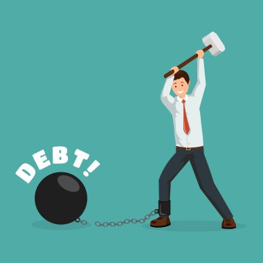 Borç metafor vektör afiş şablonu ödeme. Çizgi film adamı balyozla finansal zincirleri kırıyor. Mutlu borçlu, işadamı borçları, vergiler, banka kredileri düz karakter ödeme