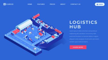 Lojistik merkezi açılış sayfası vektör şablonu. Deniz taşımacılığı endüstrisi web sitesi ana arayüz fikri ile isometrik çizimler. Denizcilik nakliye hizmeti web afiş, web sayfası karikatür kavramı