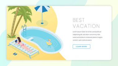 En iyi tatil açılış sayfası vektör şablonu. Yaz dinlenme, mevsimsel rekreasyon web sitesi ana sayfa arayüzü fikir isometrik çizimler ile. Tropikal tatil web afiş, web sayfası karikatür kavramı