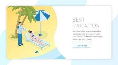 Kum plaj rekreasyon açılış sayfası şablonu. Yaz tatili, tropik tatil web sitesi ana sayfa arayüzü fikir isometrik çizimler ile. Web afiş, turist ve garson ile web sayfası karikatür kavramı