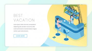 Turistik iş açılış sayfası vektör şablonu. Her şey dahil hizmet web sitesi ana sayfa arayüzü fikir ile tropik tatil isometrik çizimler ile. En iyi tatil web afiş karikatür kavramı