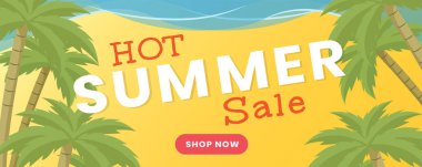 Summertime toptan düz afiş vektör şablonu. Yaz sezonu satışı, alışveriş reklam afiş iã§in konsept. Deniz kıyısında palmiye ağaçları, tipografi ve alışveriş şimdi düğme ile kum plaj illüstrasyon