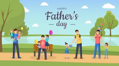 Aile tatili kutlama düz afiş şablonu. Mutlu babalar ve küçük çocuklar, oğulları ve kızları açık çizgi film karakterleri. Genç erkekler ve çocuklar tipografi ile park illüstrasyon birlikte