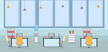 Boş ofis iç karikatür vektör illüstrasyon. Ortak çalışma açık alan, işyerinde sandalye ile tablolar, bilgisayar monitörleri ve masaüstü lambaları. Modern mobilya renk çizim ile Çalışma Alanı