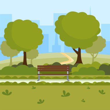Kentsel park karikatür vektör illüstrasyon. Doğa kamusal alan, yeşil ağaçlar, ahşap banklar ve modern binalar şehir açık eğlence. Eğlence şehir merkezi park renk çizim
