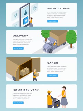 Çevrimiçi teslimat isometrik açılış sayfası vektör şablonu. Öğeleri seçin, kargo, eve teslim, hızlı sevkiyat web sitesi. Genç kıza sipariş veren teslimatçı 3d konsepti