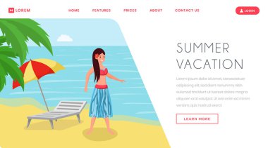 Tropik yaz tatili açılış sayfası. Lüks sahil düz yaz okyanus kıyısı aktivite vektör illüstrasyon rahatlatıcı tatil. Seyahat acentesi web sitesi, web sayfası şablonu