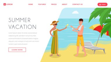 Deniz kıyısı açılış sayfasında alkol içmek. Tatilde kokteyllerin tadını çıkaran tatilciler, tropik tatil beldesi düz vektör illüstrasyonu. Seyahat acentesi web sitesi, web sayfası şablonu