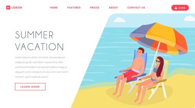 Lüks, tropik yaz tatili açılış sayfası. Güneşlenmek, okyanus kıyısında dinlenmek, erkek arkadaşı yla deniz kıyısı, kız arkadaşı düz vektör illüstrasyon. Seyahat, tatil sitesi, web sayfası şablonu