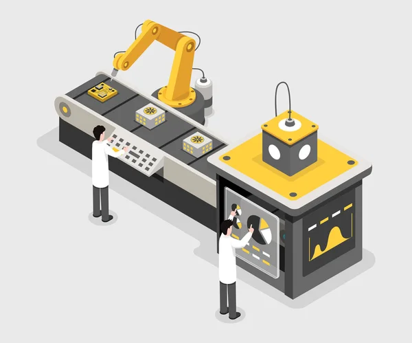 Manufacture process, data collecting facility workers. Engineers monitoring process, assembly line isometric illustration. Machinery, technology operator working on control panel, keyboard 3d concept
