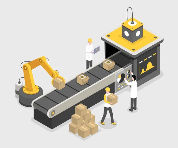 Otonom paketleme işlemi, son montaj aşaması. Üretilen mal izometrik vektör illüstrasyon ile robotik teknoloji istifleme kutuları. Uzmanlar izleme süreci, kalite 3d kavramı güvence
