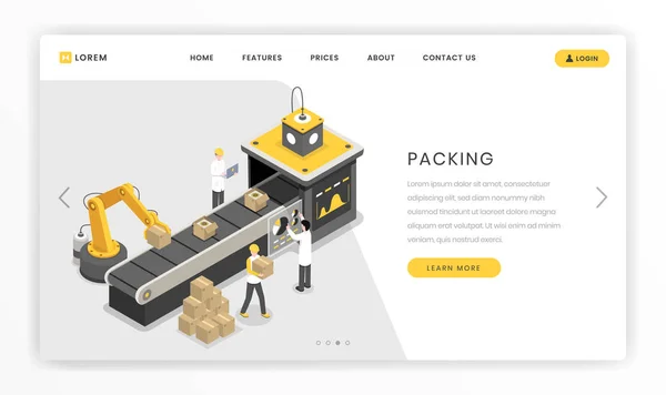 Verpackung Industrie, Montagebühne Landing Page. programmierte robotergesteuerte Krallenverpackungsprodukte, die für die Darstellung von Transportvektoren vorbereitet sind. Arbeiter in der Fertigungsindustrie, Ingenieure, Wissenschaftler — Stockvektor