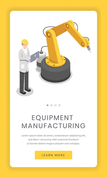 Indústria de fabricação, tela de aplicativos móveis de montagem. Instalação de pesquisa, engenharia de software de cibernética e robótica, página do site isométrico do smartphone do programador. Empresa, aplicação do fabricante — Vetor de Stock