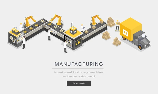 Üretim iş, şirket açılış sayfası şablonu. Tam otomatik, otonom üretim süreci, sanayileşme biyometrik vektör illüstrasyon. Montaj ve dağıtım web sitesi 3d tasarım