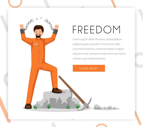 Freedom fighter vector landing page template. Liberated prisoner, convict in uniform with broken shackles with victorious gesture flat character. Human rights organization homepage design layout — Stock Vector