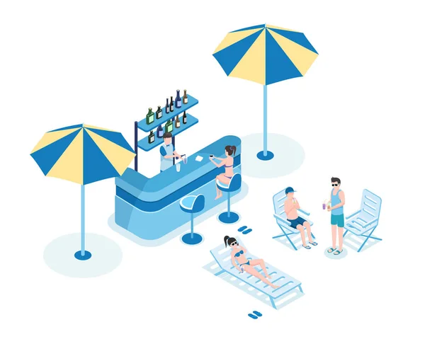 Personer i pool bar isometrisk vektor illustration. Barkeeper, kvinnor i bikini och män i sommar kläder 3D seriefigurer. Bartender göra cocktail, unga turister dricker förfriskningar — Stock vektor