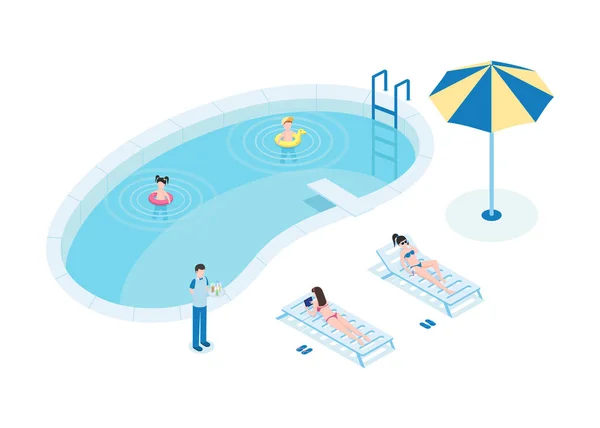 Touristes à la piscine illustration vectorielle isométrique. Mères avec enfants et serveur personnages de dessins animés 3D. Jeunes femmes en bikini bronzant, petits enfants nageant, homme tenant un plateau de service avec des cocktails — Image vectorielle